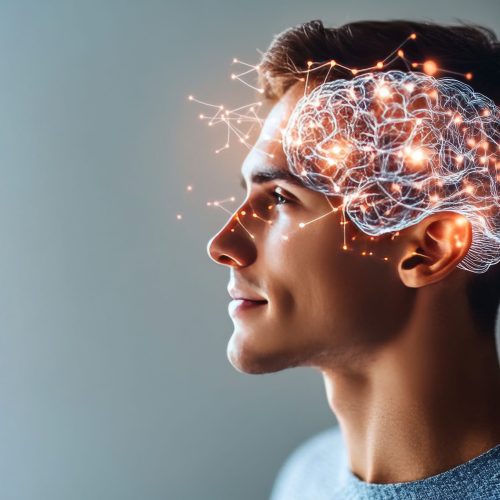 Profile of a young man with a digital brain network illuminated symbolizing cognitive enhancement innovation in AI and the interconnectedness of human and artificial intelligence